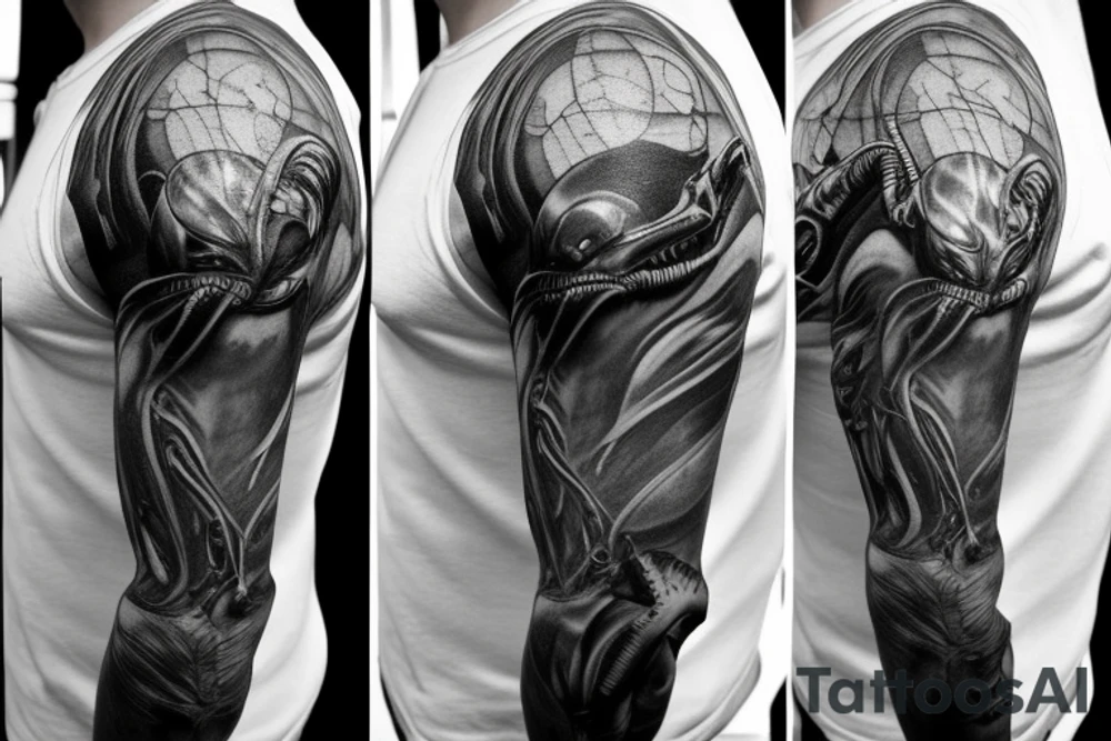 Alien xenomorph shoulder cover up black and grey tattoo idea