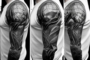 Alien xenomorph shoulder cover up black and grey tattoo idea