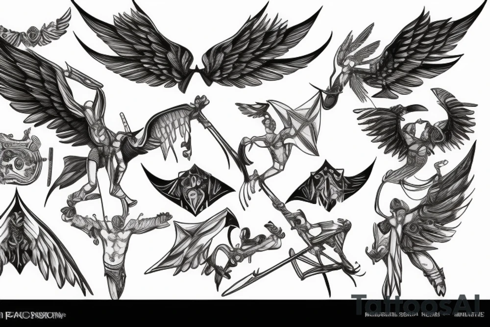 Amazon with wings holding a spear while walking tattoo idea