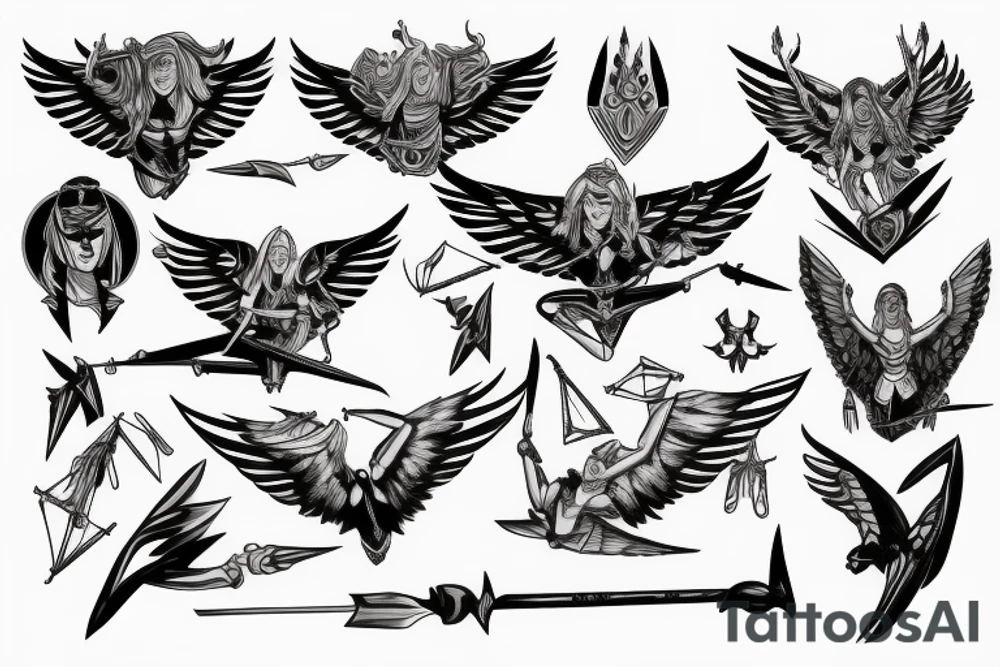 Amazon with wings holding a spear while walking tattoo idea