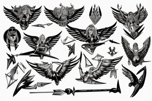 Amazon with wings holding a spear while walking tattoo idea