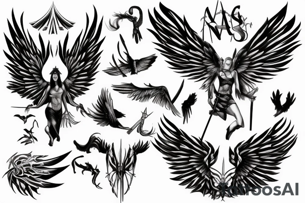 Amazon with wings holding a spear while walking tattoo idea Amazon with wings holding a spear while walking tattoo idea