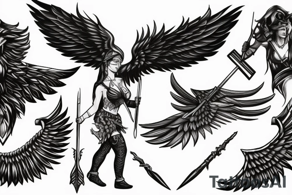 Amazon with wings holding a spear while walking tattoo idea Amazon with wings holding a spear while walking tattoo idea