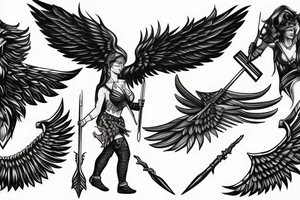 Amazon with wings holding a spear while walking tattoo idea