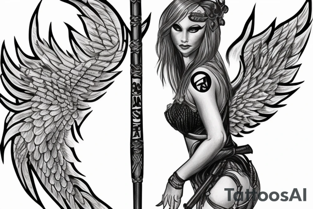 Full body Amazon with wings holding a spear tattoo idea
