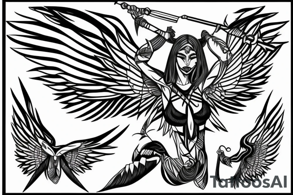 Full body Amazon with wings holding a spear tattoo idea