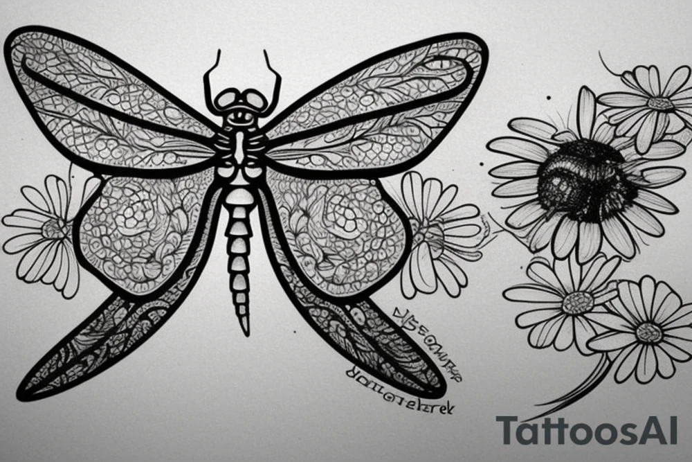 dragonfly and daisies on lower back tattoo idea