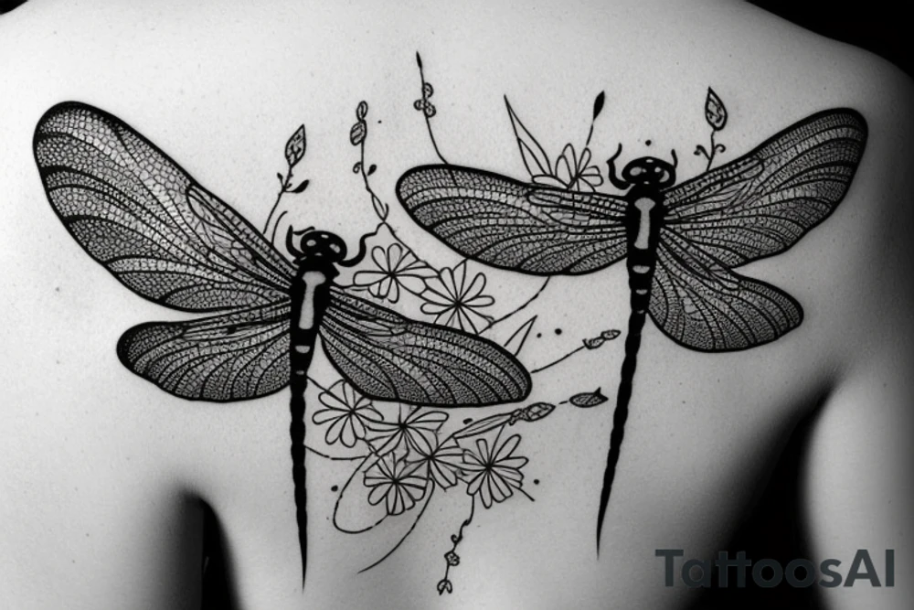 dragonfly and daisies on lower back tattoo idea