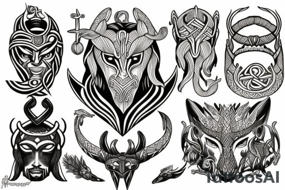 Nordic with a god mask of Loki, freya, wolf, dragon and Polynesia tribal tattoo idea