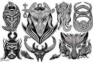 Nordic with a god mask of Loki, freya, wolf, dragon and Polynesia tribal tattoo idea