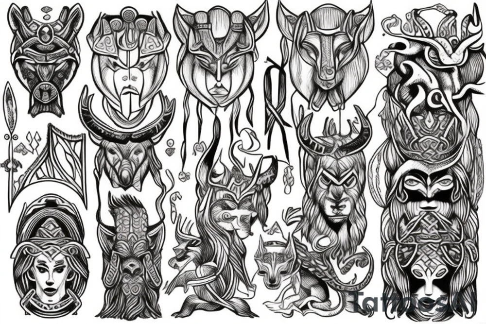 Nordic with a god mask of Loki, freya, wolf, dragon and Polynesia tribal tattoo idea