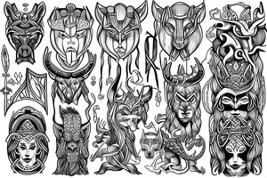 Nordic with a god mask of Loki, freya, wolf, dragon and Polynesia tribal tattoo idea