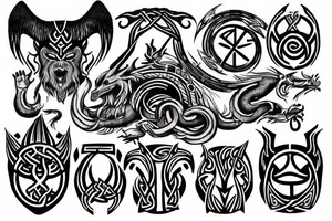 Nordic runes with a god mask of Loki, freya, wolf, dragon. tattoo idea