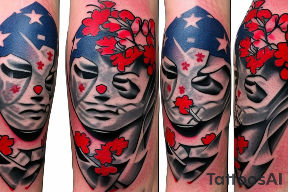 Oni mask with cherry blossoms in the background, and the Maryland and Washington DC flag tattoo idea