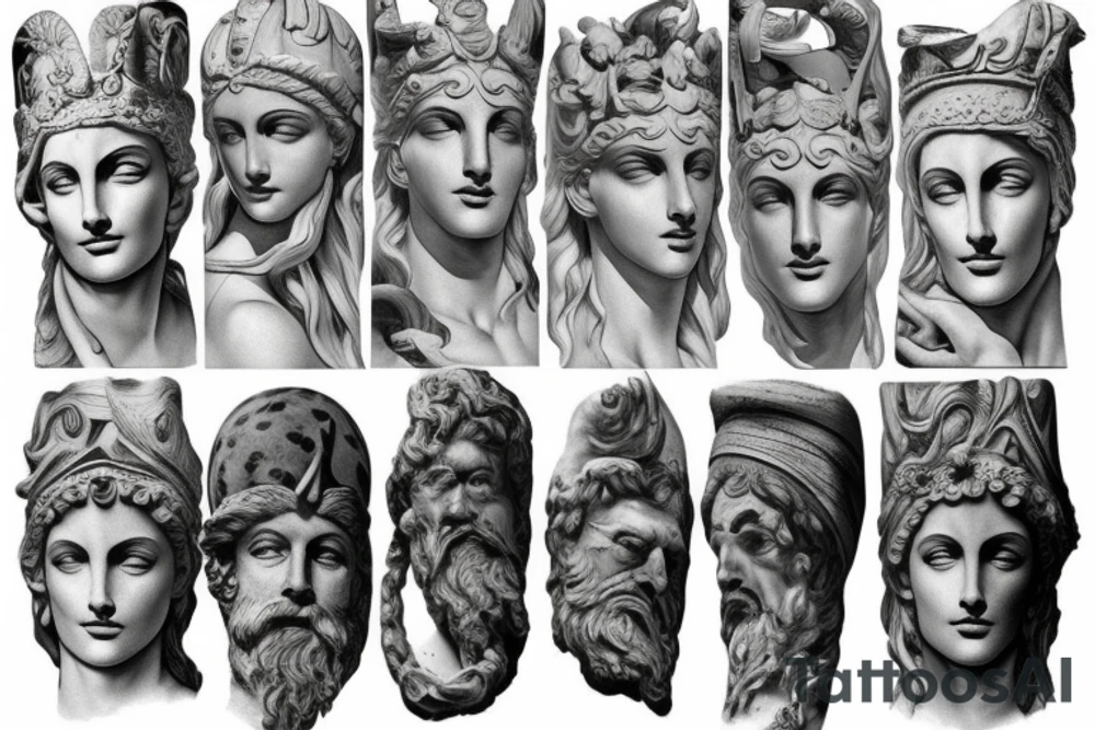 Greek man gods in the form of marble statues tattoo idea