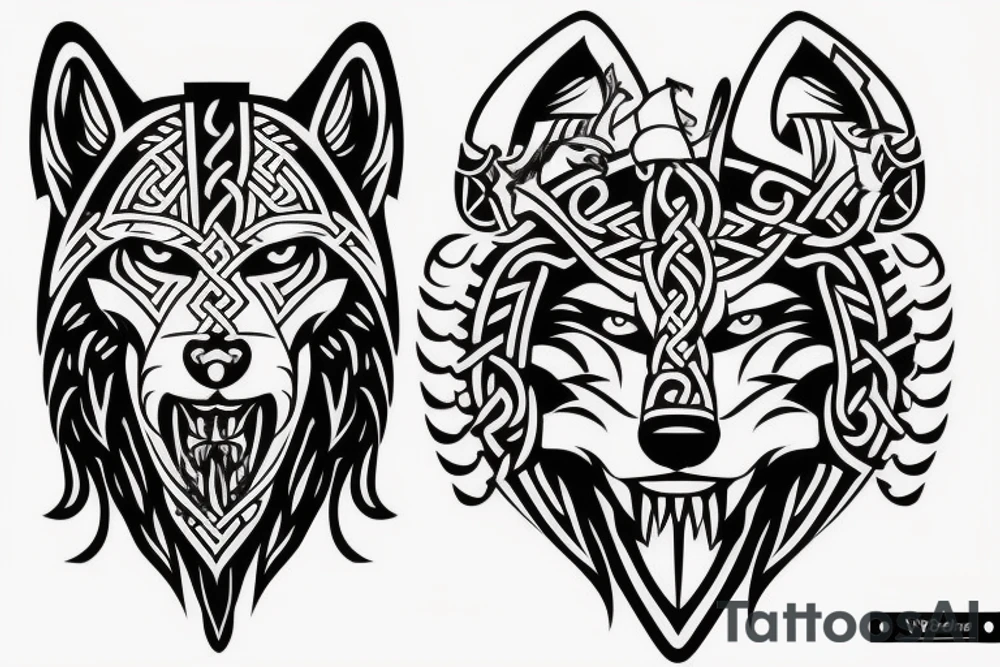 Viking face with wolf head tattoo idea