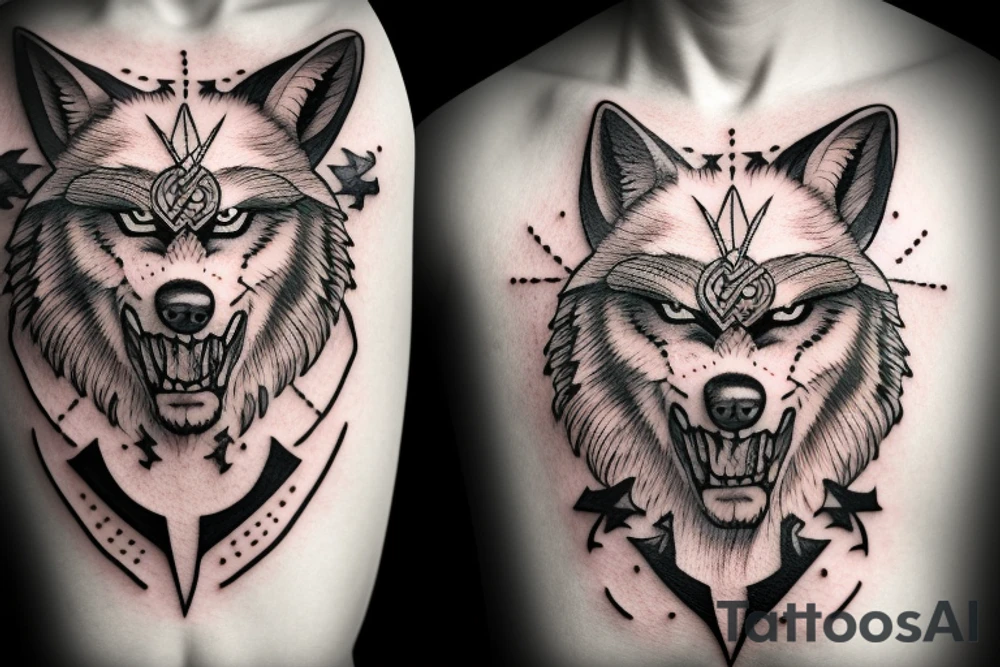 Viking face with wolf head tattoo idea