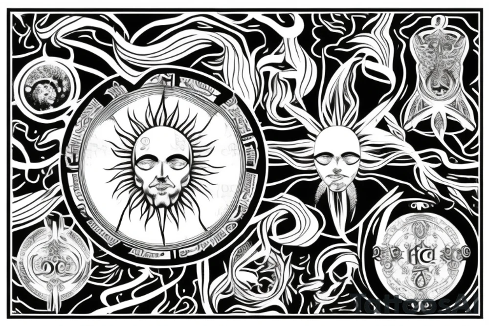 caduceus with sun surrounded by ficus tattoo idea