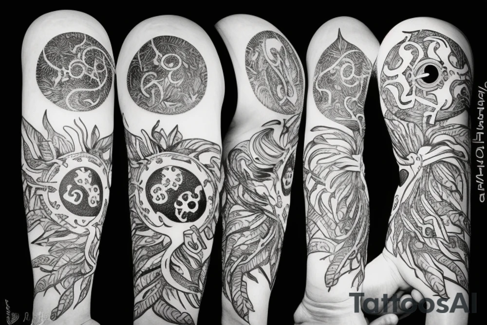 caduceus with sun surrounded by ficus tattoo idea