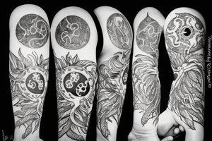 caduceus with sun surrounded by ficus tattoo idea
