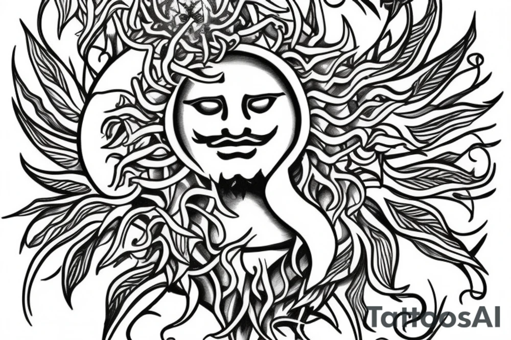 caduceus with sun surrounded by ficus tattoo idea