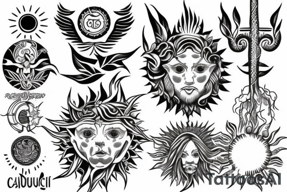 caduceus with sun surrounded by ficus tattoo idea