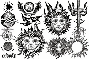 caduceus with sun surrounded by ficus tattoo idea
