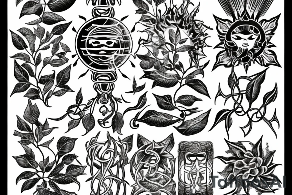 caduceus with sun surrounded by ficus tattoo idea