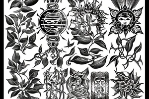 caduceus with sun surrounded by ficus tattoo idea