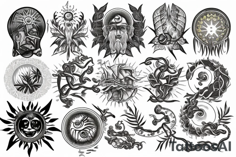 caduceus with sun surrounded by ficus tattoo idea