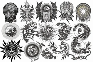 caduceus with sun surrounded by ficus tattoo idea