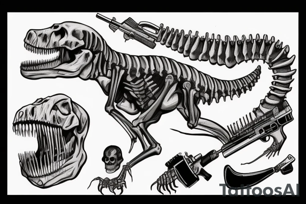 A skeleton of dinosaur holding a gun tattoo idea