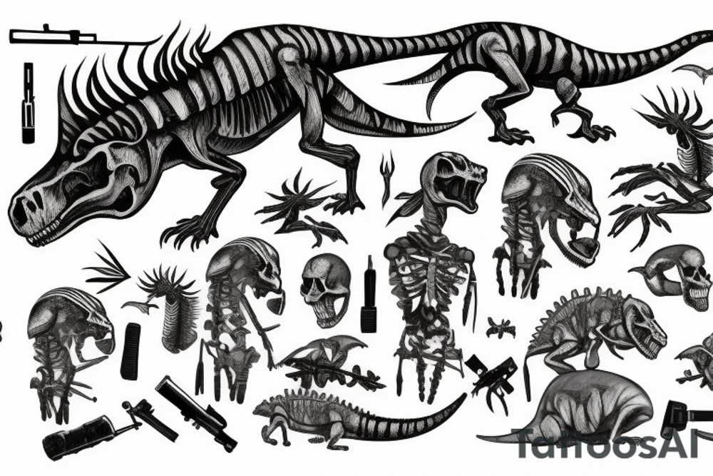 A skeleton of dinosaur holding a gun tattoo idea