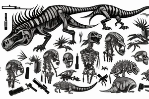 A skeleton of dinosaur holding a gun tattoo idea