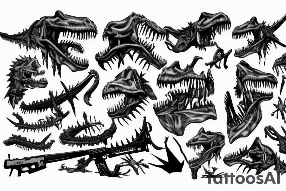 Dinosaur skeleton holding a gun tattoo idea