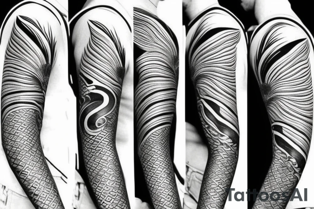 Male shoulder stars water sky bright colours geometric fantasy fish face writing feathers tattoo idea