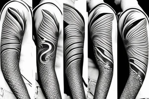 Male shoulder stars water sky bright colours geometric fantasy fish face writing feathers tattoo idea