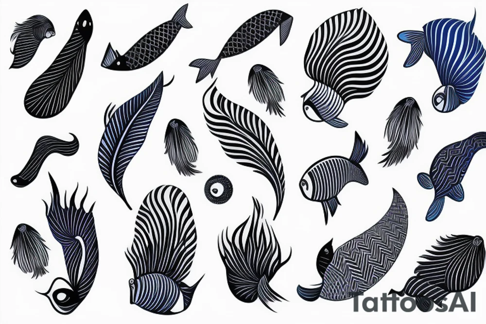 Male shoulder stars water sky bright colours geometric fantasy fish face writing feathers tattoo idea
