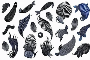 Male shoulder stars water sky bright colours geometric fantasy fish face writing feathers tattoo idea
