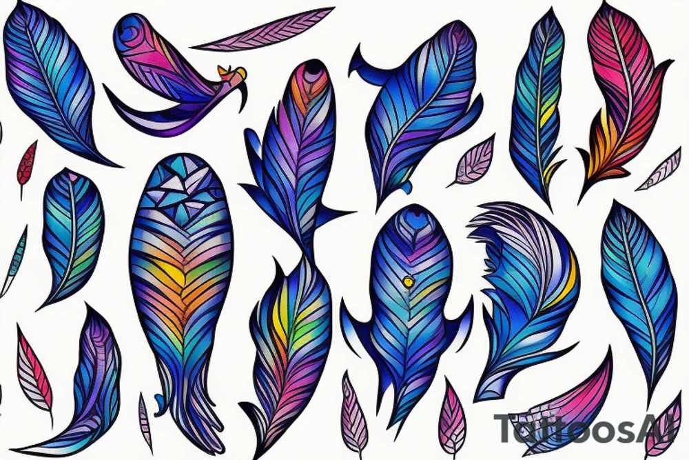 Male shoulder stars water sky bright colours geometric fantasy fish face writing feathers tattoo idea