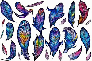 Male shoulder stars water sky bright colours geometric fantasy fish face writing feathers tattoo idea