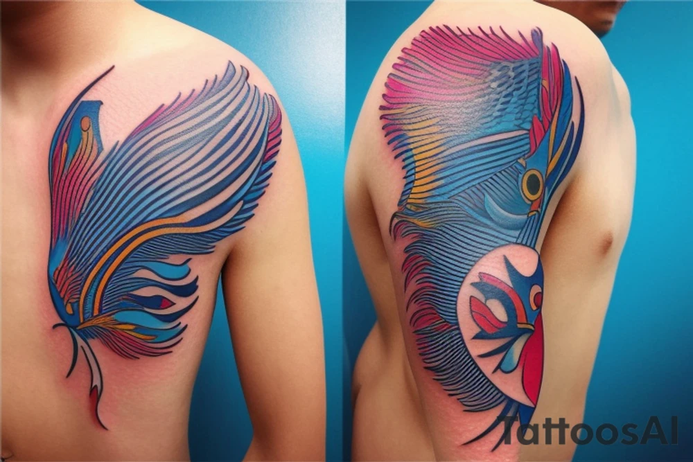 Male shoulder stars water sky bright colours geometric fantasy fish face writing feathers tattoo idea