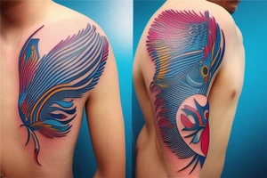 Male shoulder stars water sky bright colours geometric fantasy fish face writing feathers tattoo idea