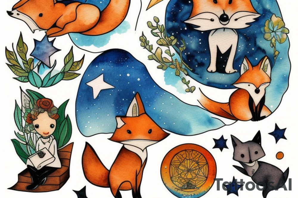 the little prince sitting with the fox on the planet tattoo idea