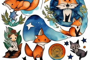 the little prince sitting with the fox on the planet tattoo idea