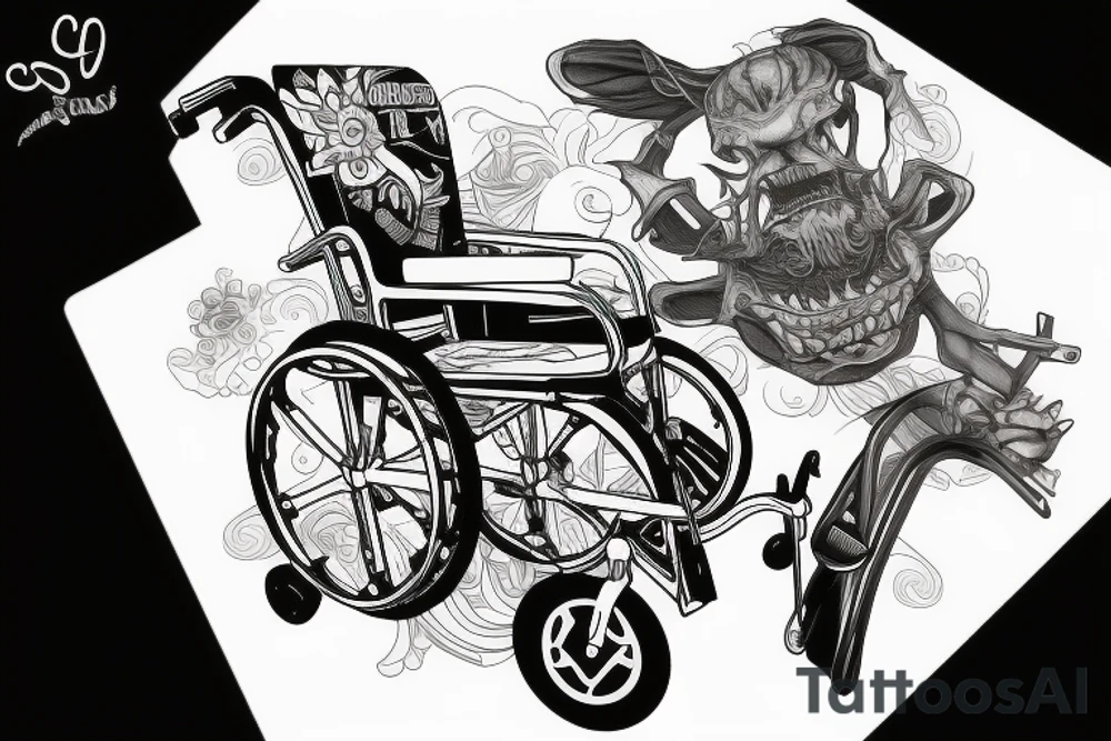 abrain with legs is sitting on the seat of a wheelchair tattoo idea