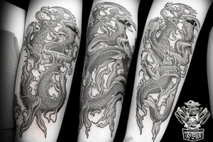 Full sleeve Sword upper arm willowing fabric  dragon eye forearm tattoo idea