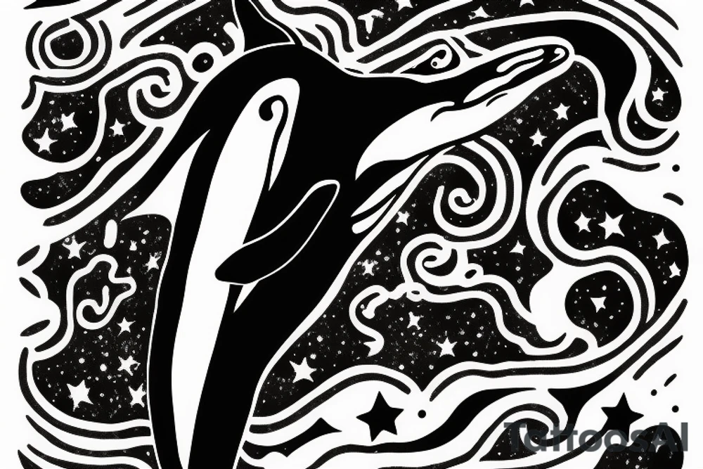 A killer whale wandering in the universe starry sky tattoo idea