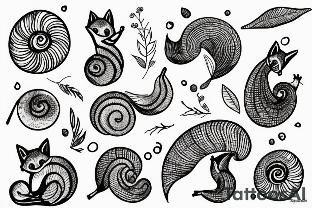 Fox inspecting a snail on a leaf tattoo idea