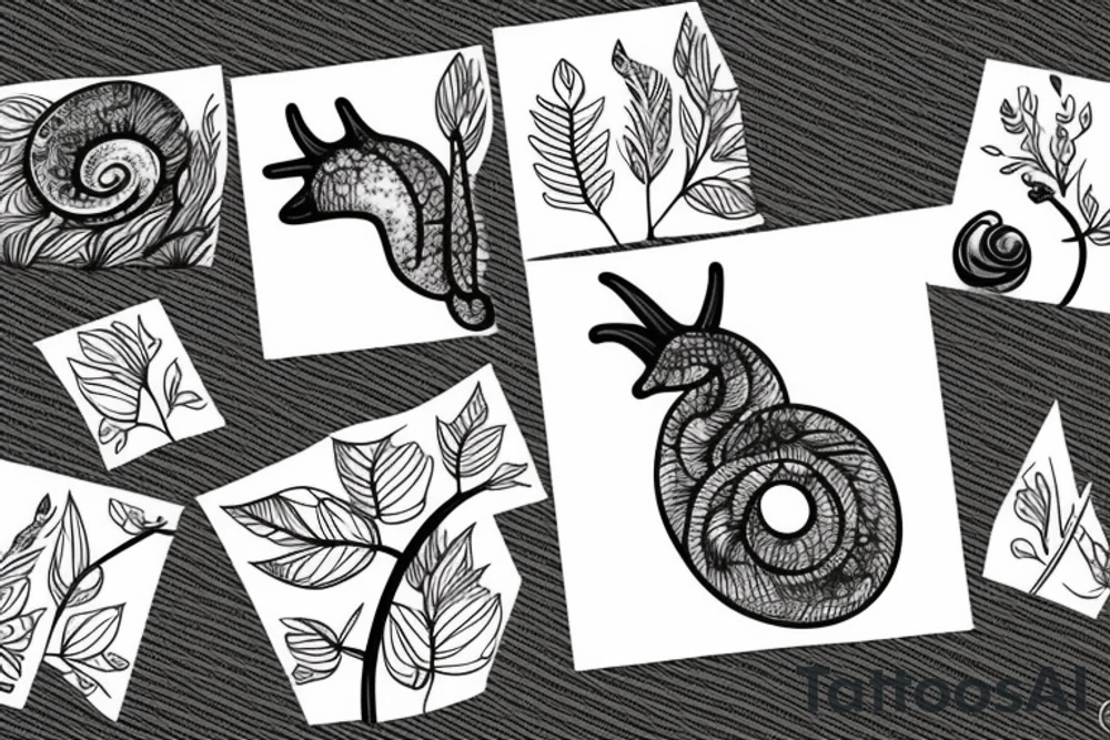 Fox inspecting a snail on a leaf tattoo idea